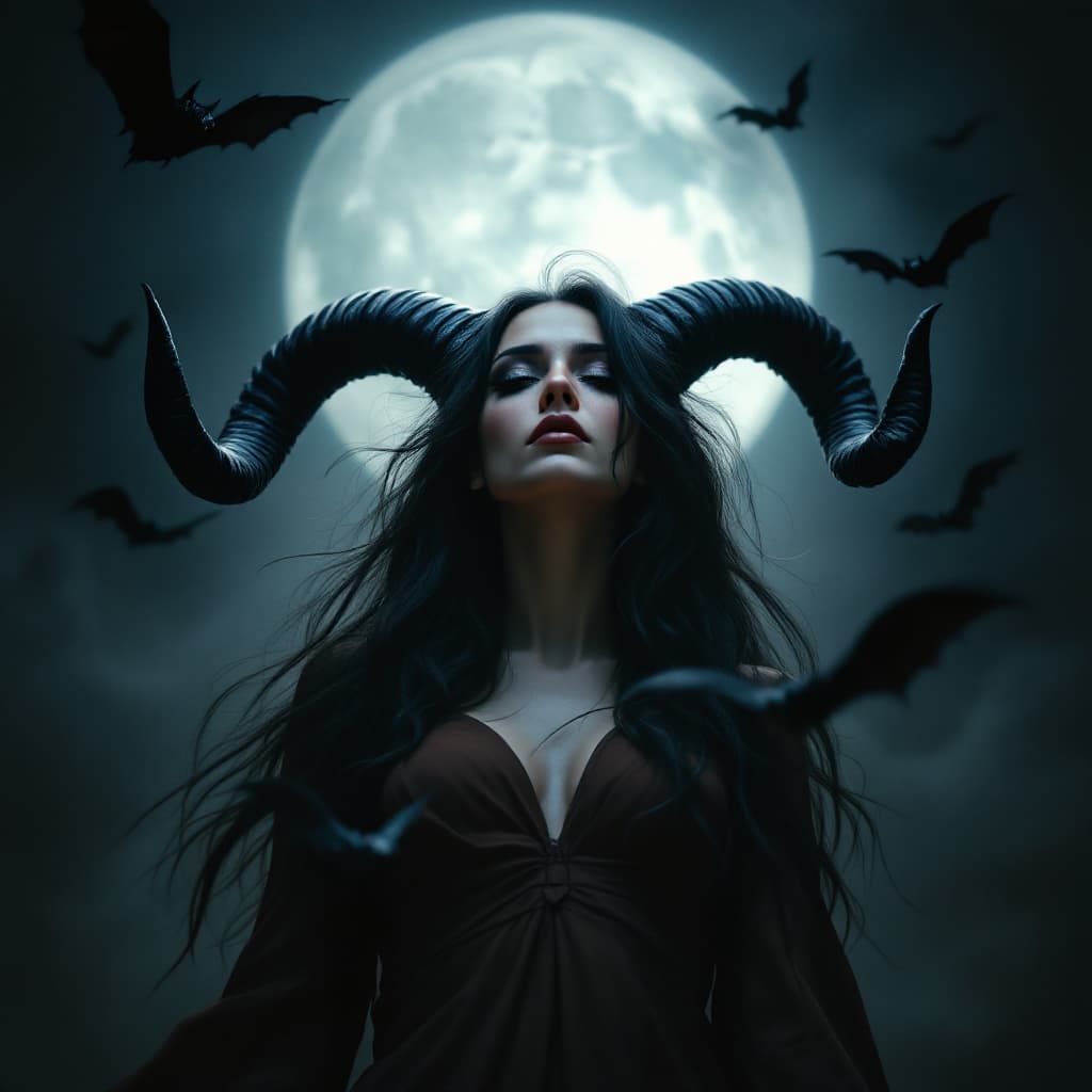AI generated: a woman with long, dark hair and horns, wearing a brown dress, set against a dark, smoky background ...