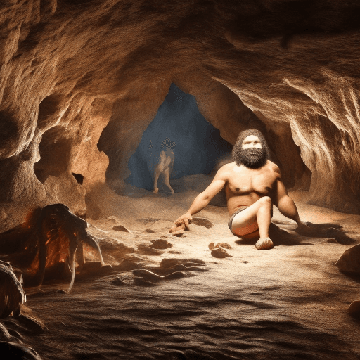 AI generated: A prehistoric caveman sitting in a prehistoric cave, 8k