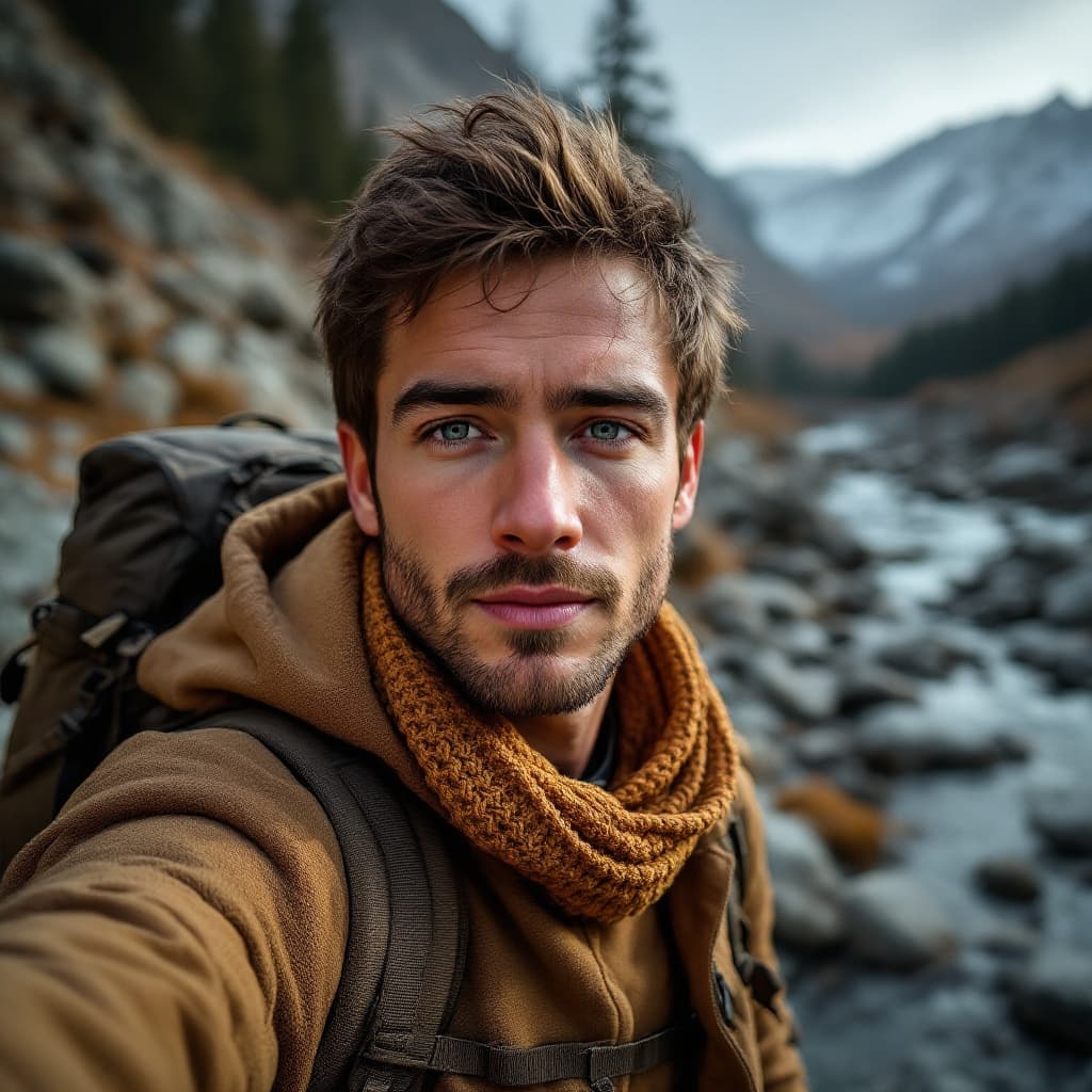 AI generated: ((selfie)) photo of (caradelevingne_ti:0.99),outdoors, mountains, wearing a backpack, sweater, hikin...