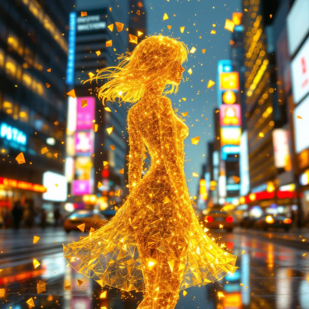 AI generated: Transparent short hair and short skirt girl made of gold diamonds,background city