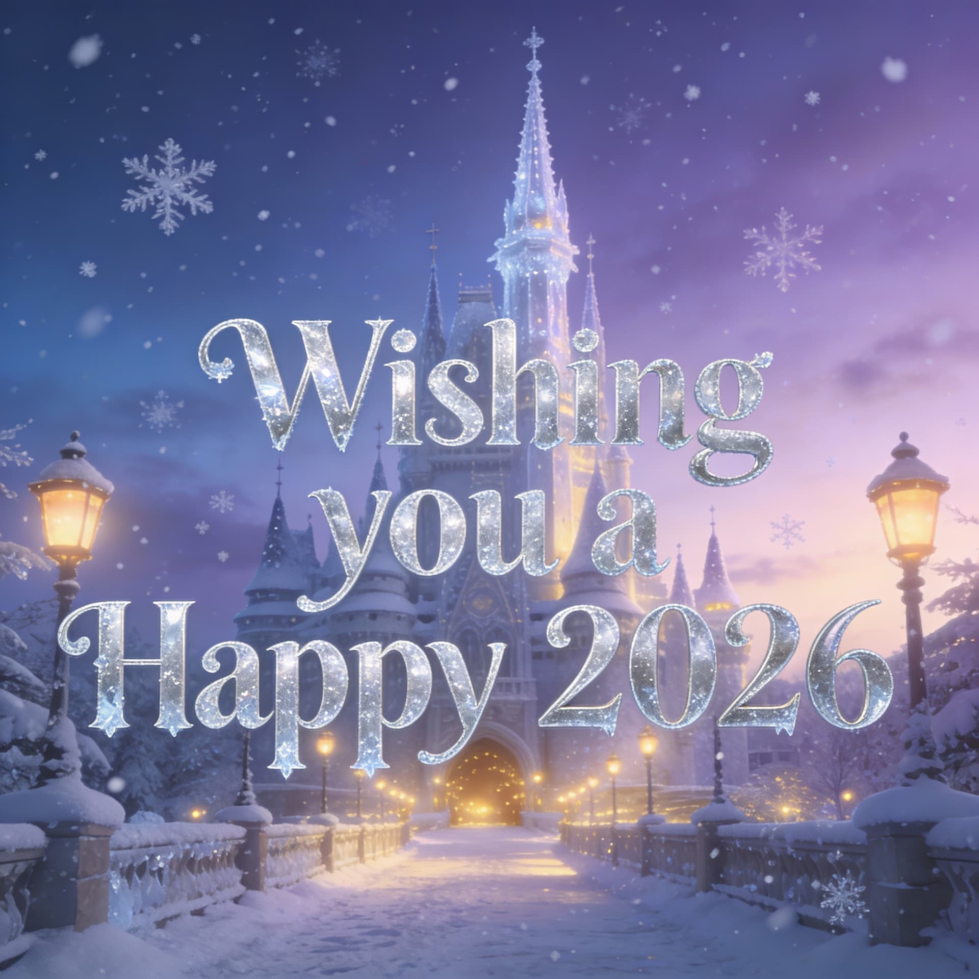 AI generated: A dreamy winter scene featuring the phrase “Wishing you a Happy 2026” in elegant frosted silver lett...