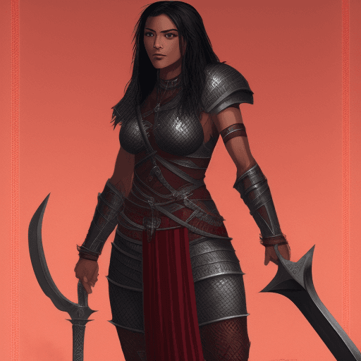AI generated: full-body illustration, noble and valiant female fighter from nomadic dynasty, chain mail, red armor...