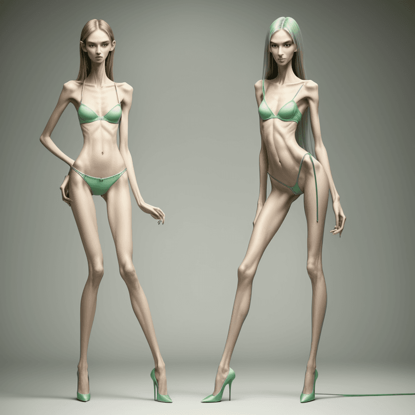 AI generated: photo of two an extremely skinny, flat-chested models with extreme long and skinny legs and long foo...