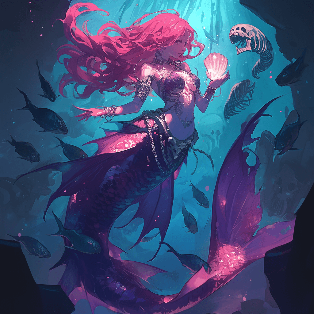 AI generated: deep sea mermaid swimming after fish hungrily. Mermaid is bioluminescent surrounded by angler fish w...
