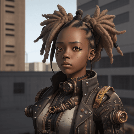 AI generated: An African-American youth girl in dystopian attire, steampunk style, dreadlocks hairstyle, hyperreal...
