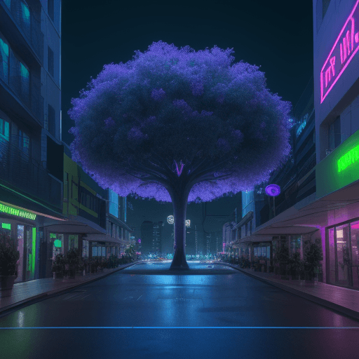 AI generated: Photo of a ultra realistic neon pulm tree in the city center of the future, cinematic, 8k