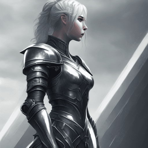 AI generated: a woman in armour, in the style of light white and dark silver, y2k aesthetic, hard, dream-like qual...