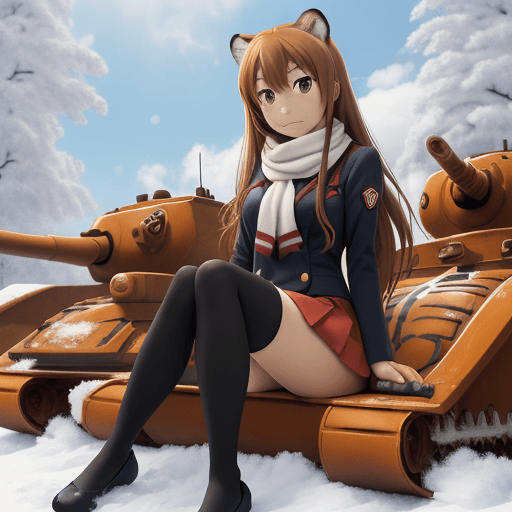 AI generated: toradora, taiga aisaka, anime, sit on tank, winter red school uniform, hand holding head, high detai...