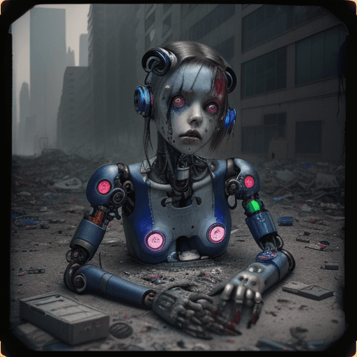 AI generated: Photo of a broken ruined cyborg girl in a landfill, robot, body is broken with scares and holes, lay...