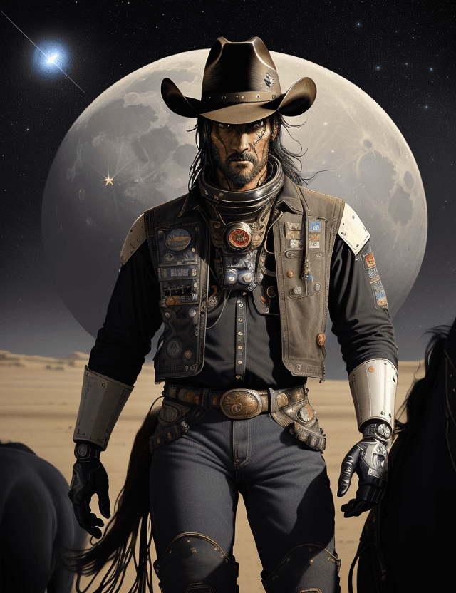 AI generated: Award Winning Painting of a (Space Cowboy, Black Cowboy hat, Western Chaps, Belt, boots), Retro-Futu...