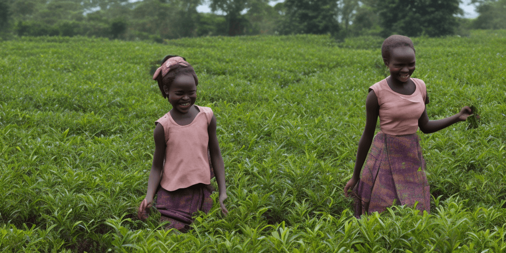 AI generated: Cheerful African girl picking tea on a plantation