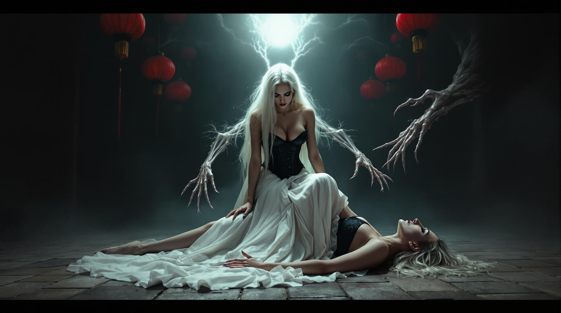 AI generated: a woman straddling a person, with a figure hovering above them. The woman has long white hair that f...