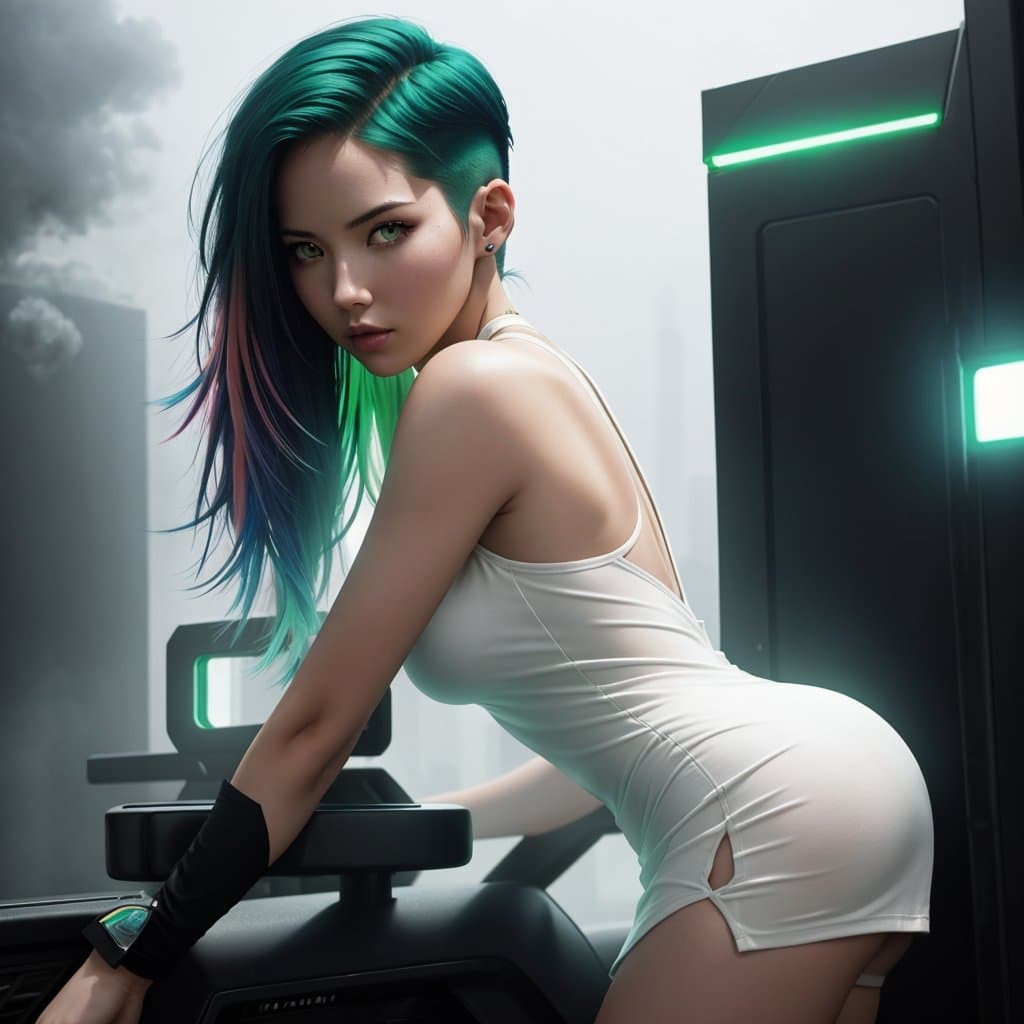 AI generated: close up portrait of olivia munn, green glowing eyes, clear pale skin, undercut hair, multicolored h...