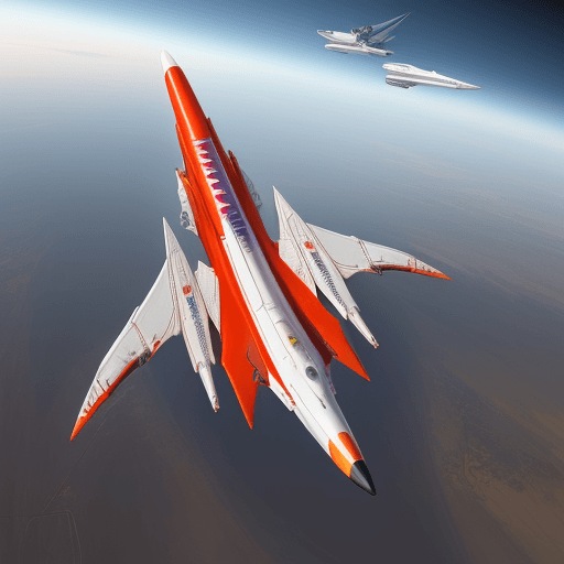 AI generated: Fantasy fantastic hypersonic stratoracer spaceplane in low flight, body symmetry, sci-fi, "red bull"...