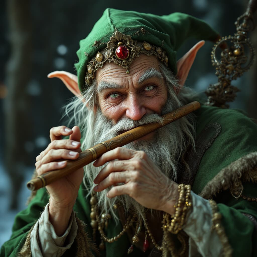 AI generated: happy male elf, musical bard playing a reed pan flute, resembles santa clause with green clothes, ul...