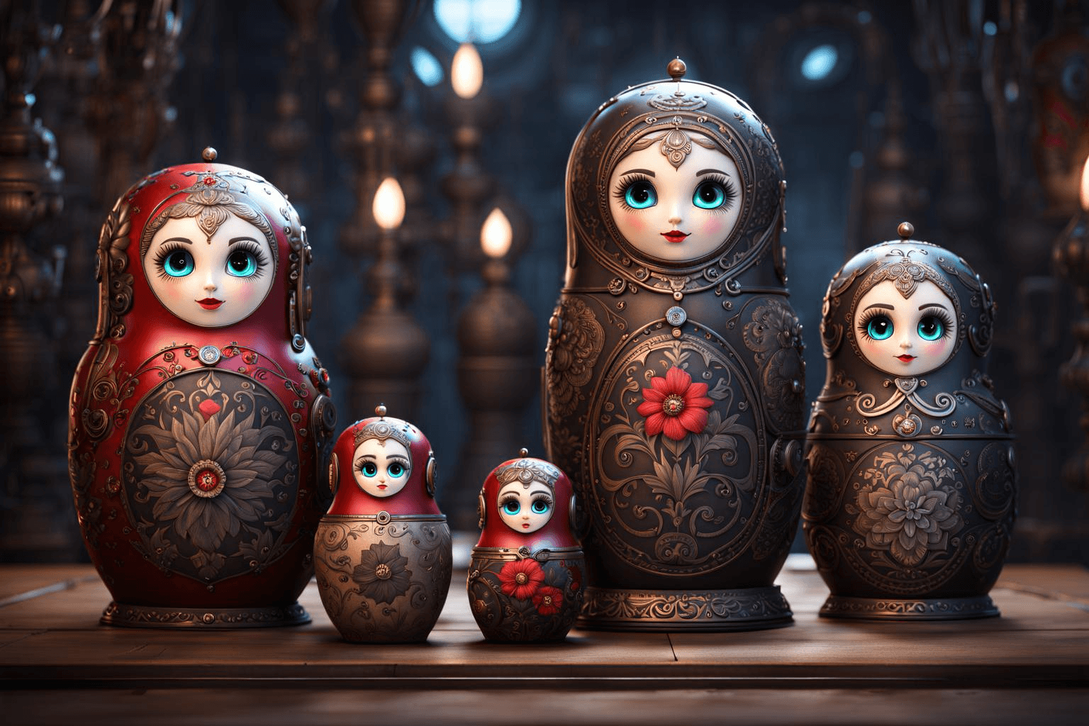 AI generated: extremely detailed CG unity 8k wallpaper, matryoshkas, hand made from metal, hand-carved face cute, ...