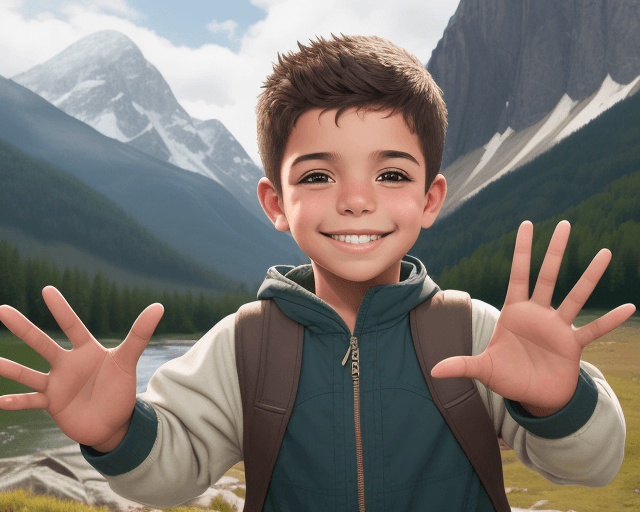 AI generated: realistic image of a boy with latino features smiling and waving with one hand with a nature backgro...