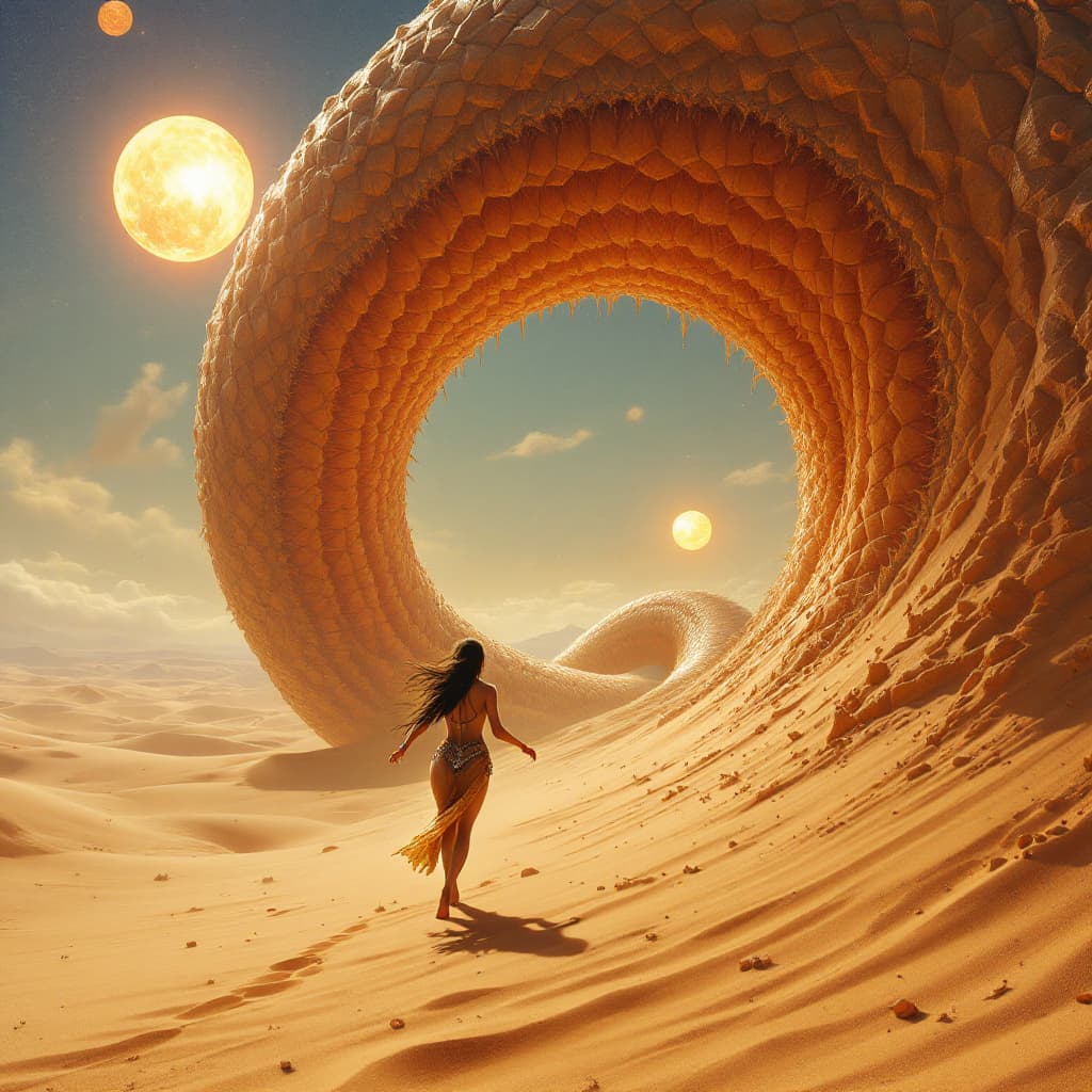 AI generated: 
colossal sandworm bursting from dunes under twin suns, a woman wearing like bellydancers, lot of je...