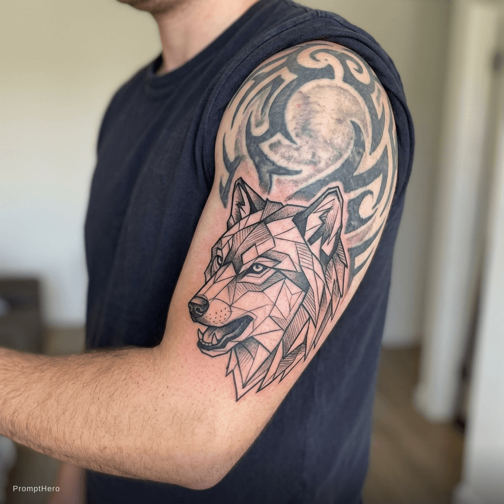 AI generated: Exallan
geometric wolf sleeve connecting to my existing tribal tattoo
