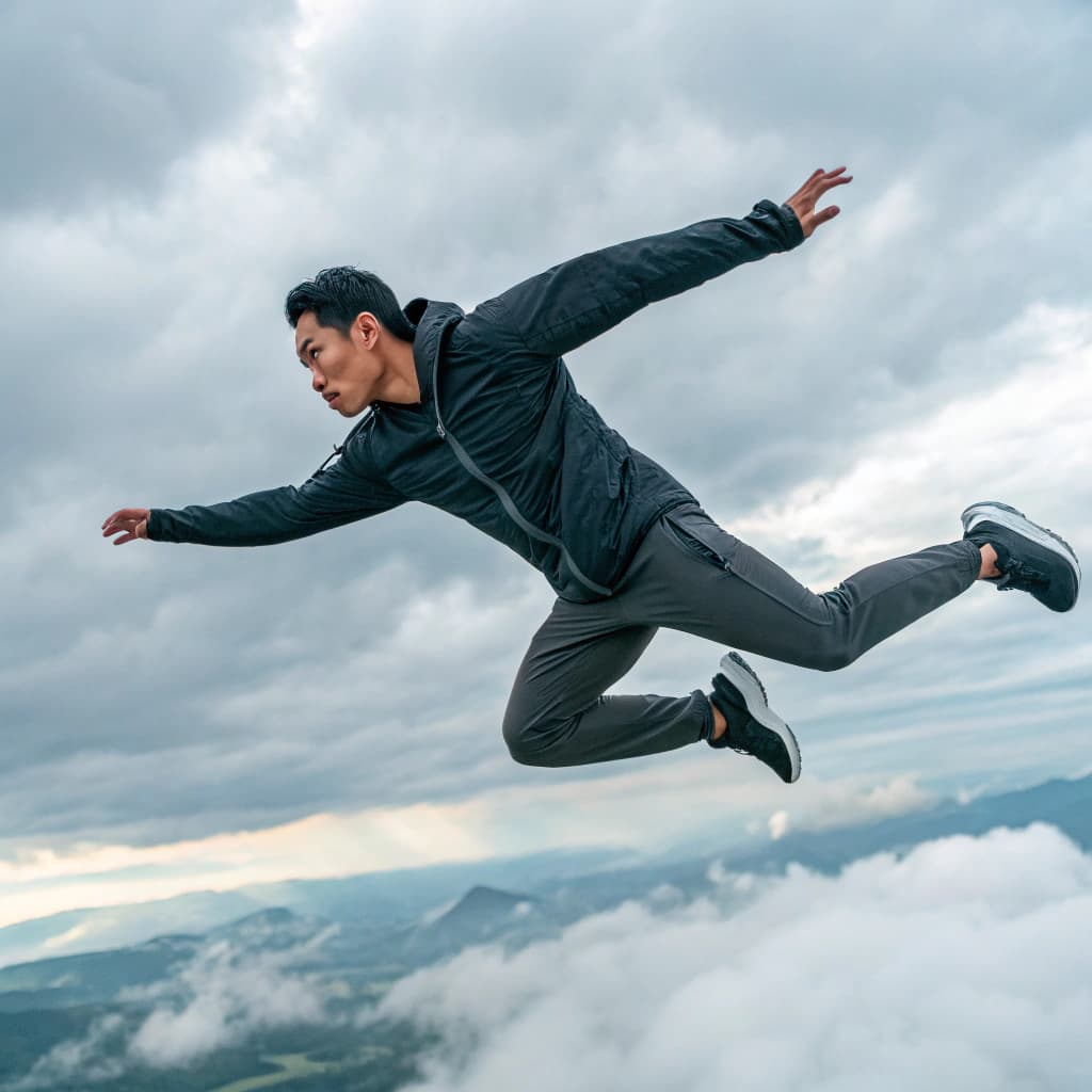 AI generated: A fast aerial tracking shot from the perspective of a drone captures a surreal dream sequence of a h...