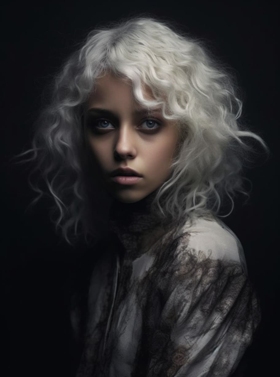AI generated: hair, sombre mood, unusually unique beauty, portrait of vanessa morgan, demna gvasalia, daughter, bl...