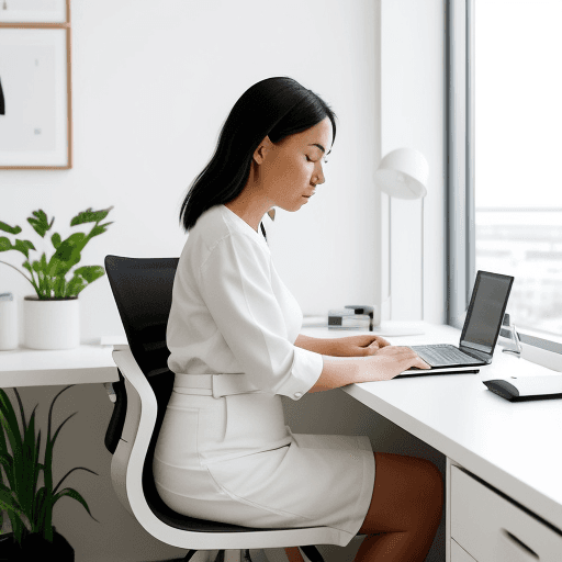AI generated: modern, minimalist workspace, focused designer woman at a white desk, surrounded by objects of produ...