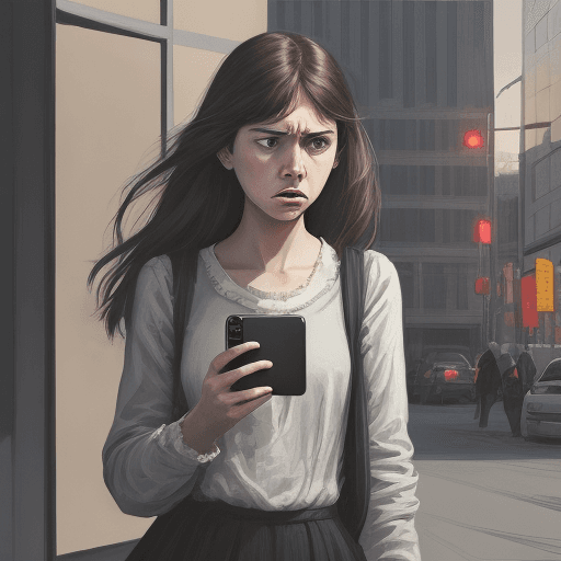 AI generated: Artistic illustration of a girl holding an iPhone 15 and being upset