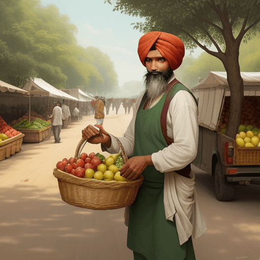 AI generated: traditional farmer market, fruit seller, side road and three trees, man with turban selling vegetabl...