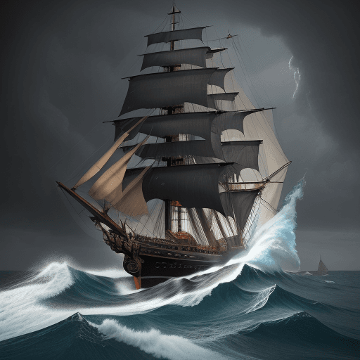 AI generated: Black Pearl sailing ship, gun design, mast broken, Hull Fire, rough seas, waves, wind, modern art, s...