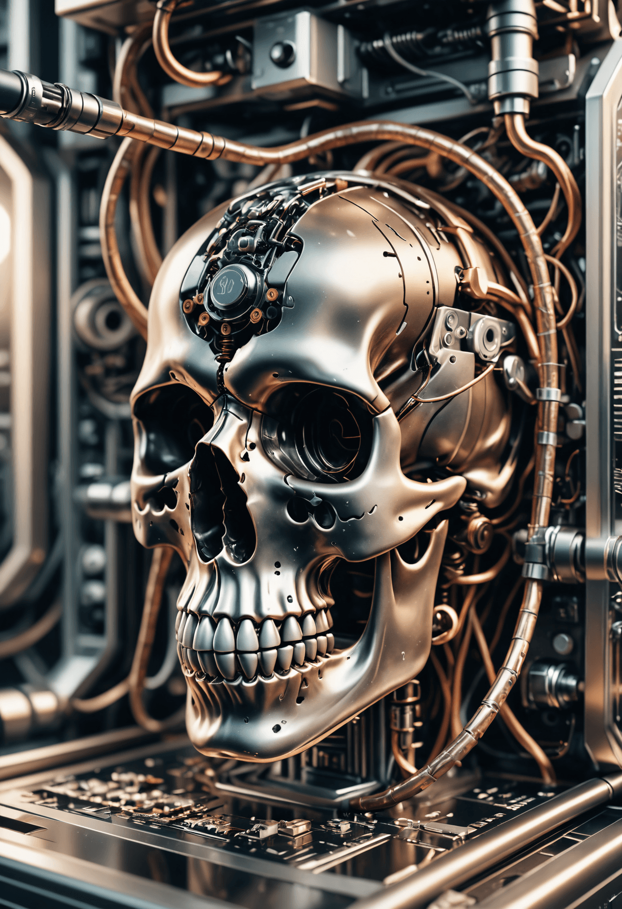 AI generated: concept art skull,nano tech,(mechanical brain connect cable:1.1),dreamlike,hyperrealistic,8k,hyperde...