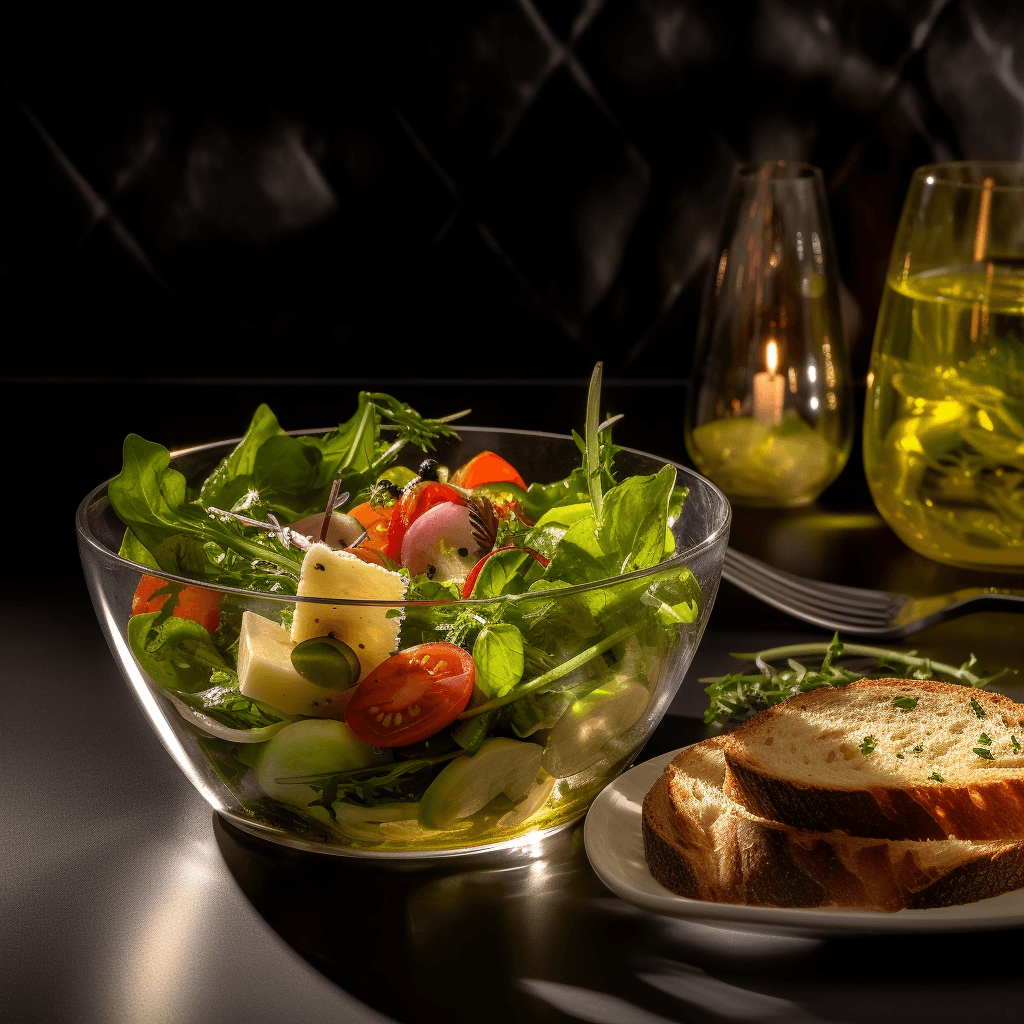 AI generated: food photography,vegetable salad in the glass bowl,with olive oil ,bread ,in a luxurious Michelin ki...