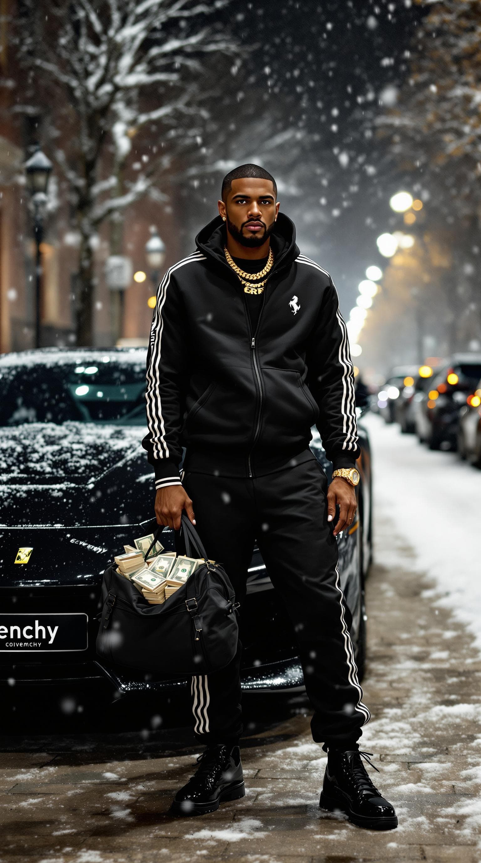 AI generated: A stylish man in a full Givenchy tracksuit, standing in front of his black Ferrari F8 Tributo, casua...