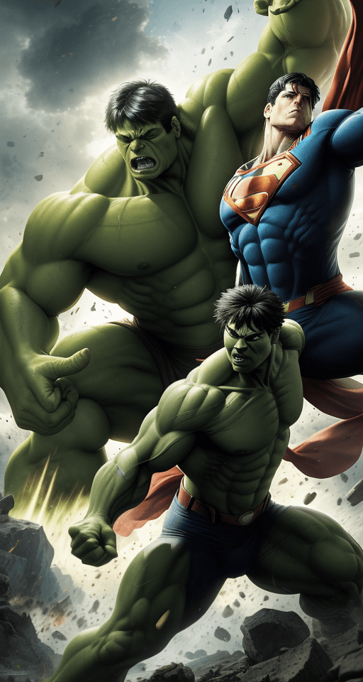 AI generated: battle of ideals, Heroic, epic, Realism, hulk versus superman