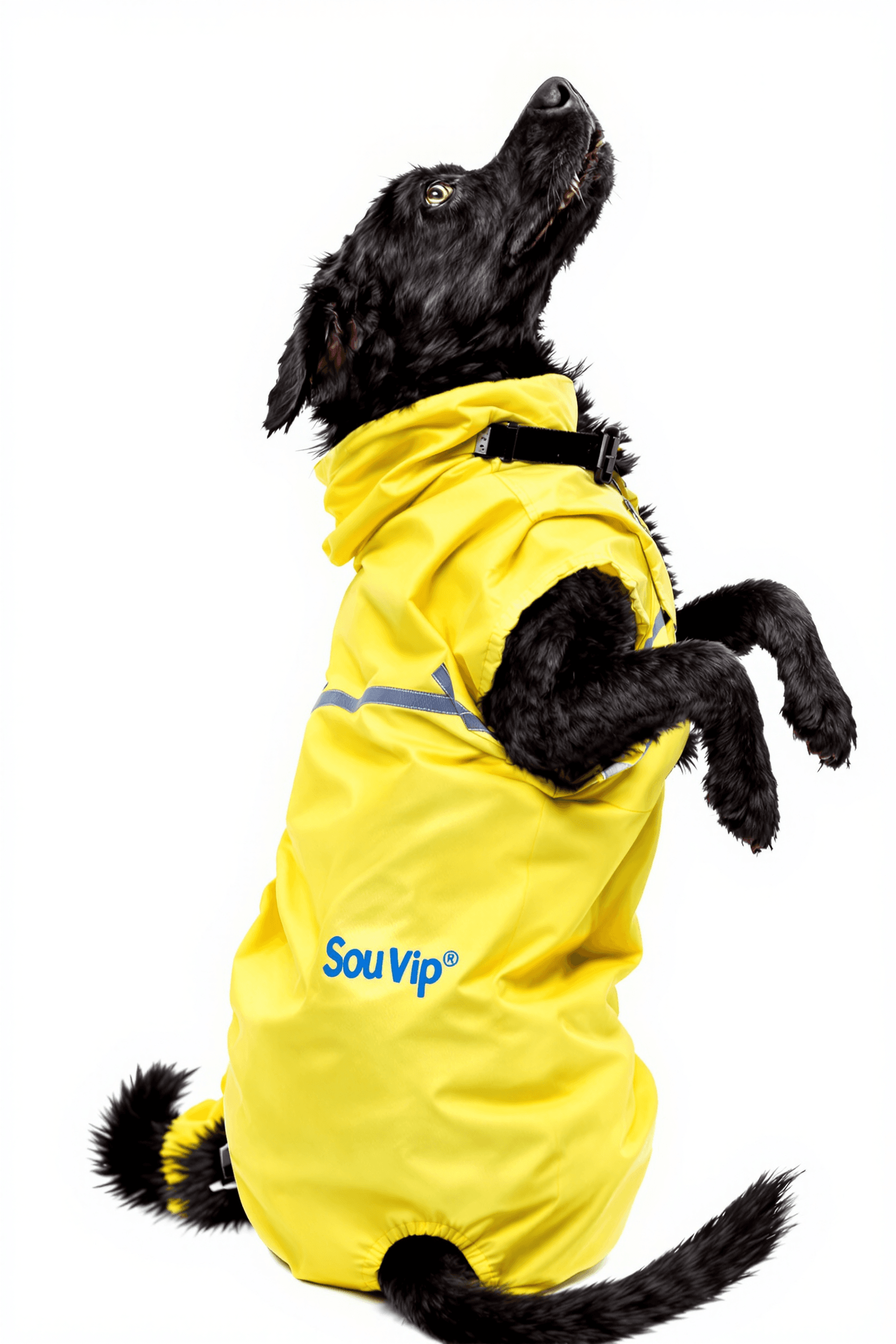 AI generated: Black dog wearing a yellowpost surgical jumpsuit with the word "Sou Vip" written on it in blue lette...