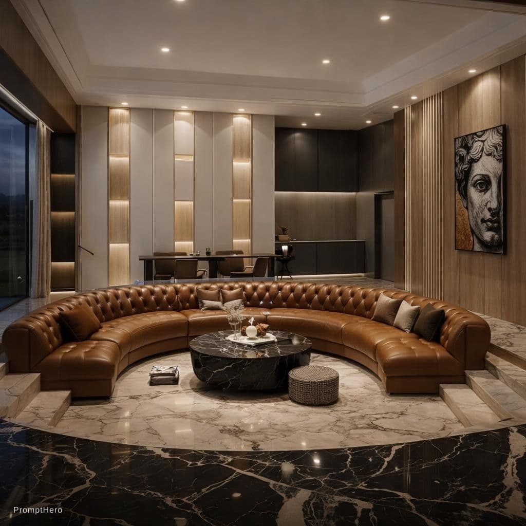AI generated: high resolution photography interior design, dreamy sunken living room conversation pit, big leather...