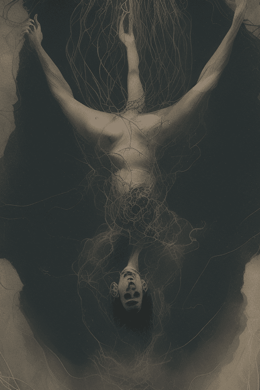 AI generated: olpntng style, a tarot card, Le Pendu, a man hanged up side down, intricated hair, intricated skin, ...