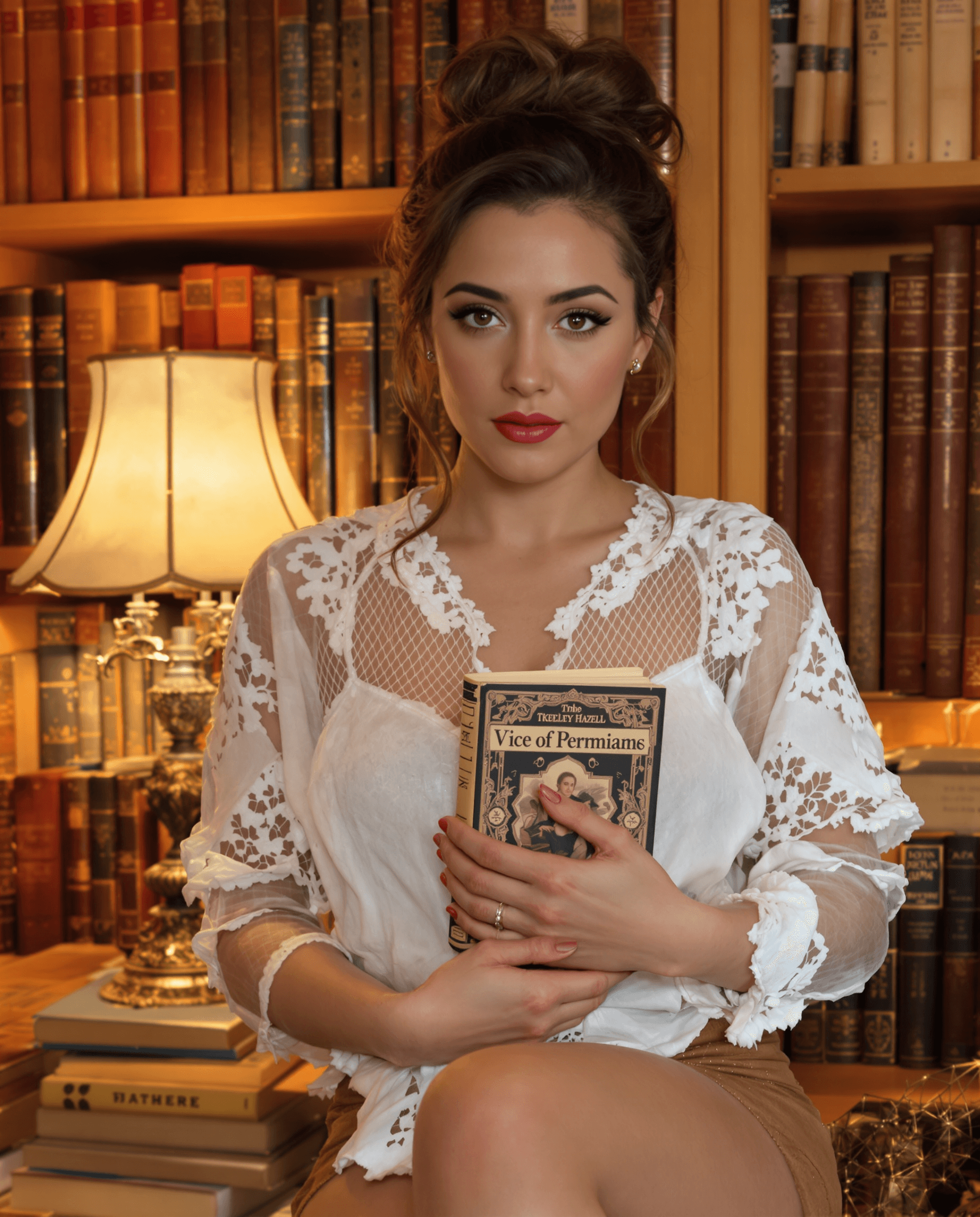 AI generated: Keeley hazell,dark brown messy bun, ample chest, thick thigh, long leg, wearing a delicate lace blou...