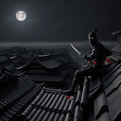 AI generated: Ninja, on the roof of a house, in full combat gear. The action takes place in the decayed Edo period...