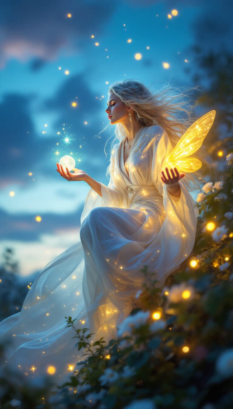 AI generated: "Hyper-realistic macro of a radiant priestess in flowing white robes with celestial patterns, riding...
