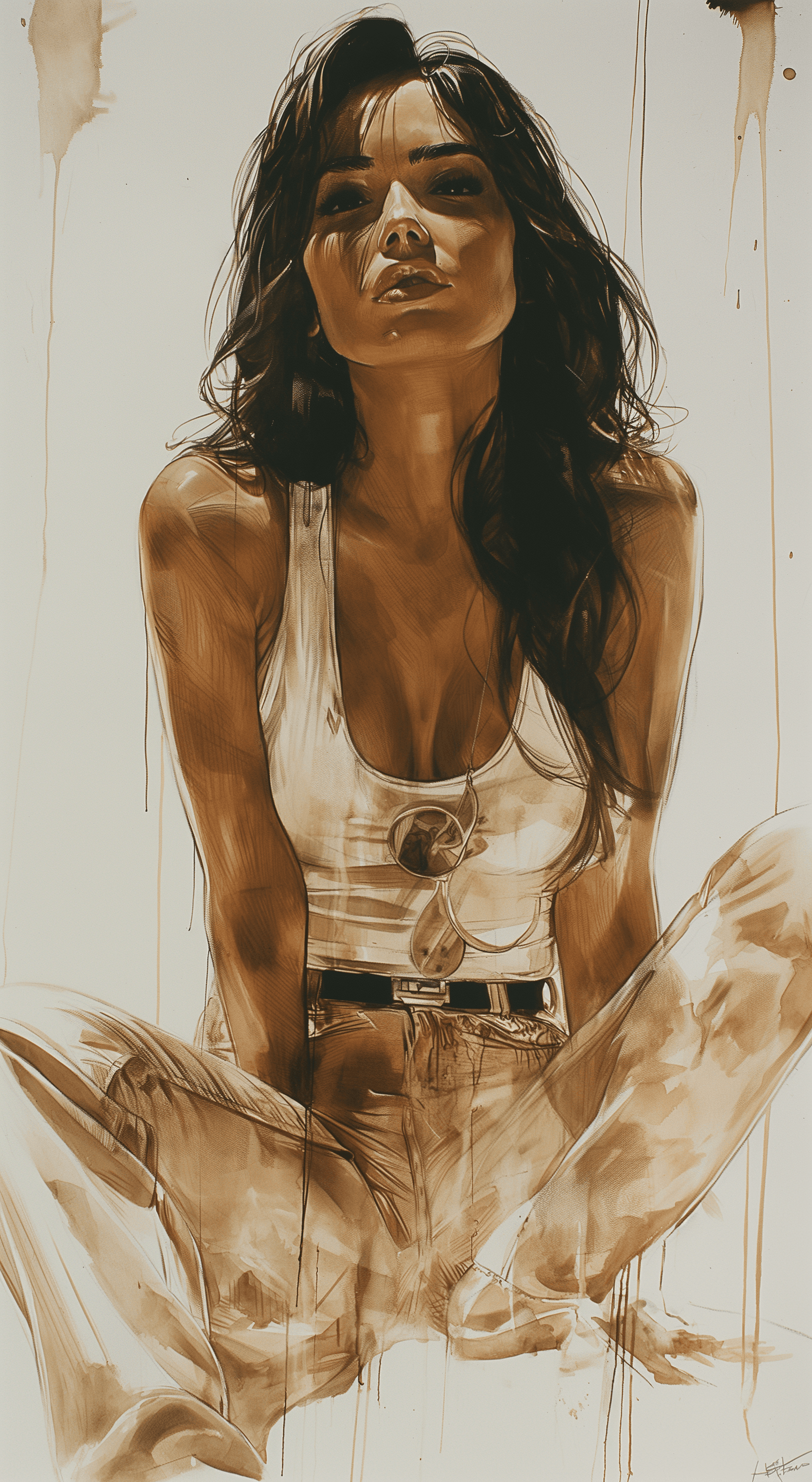 AI generated: A drawing of an attractive woman in the style of Frazetta and John braund, ink on paper, minimalisti...