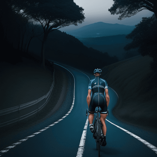 AI generated: A professionnal cyclist on a dark blue road bike riding up a hill with nice landscape 