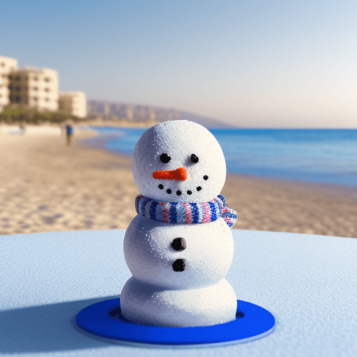AI generated: Hyper realistic snowman holds a dumbbell, beach, Cyprus