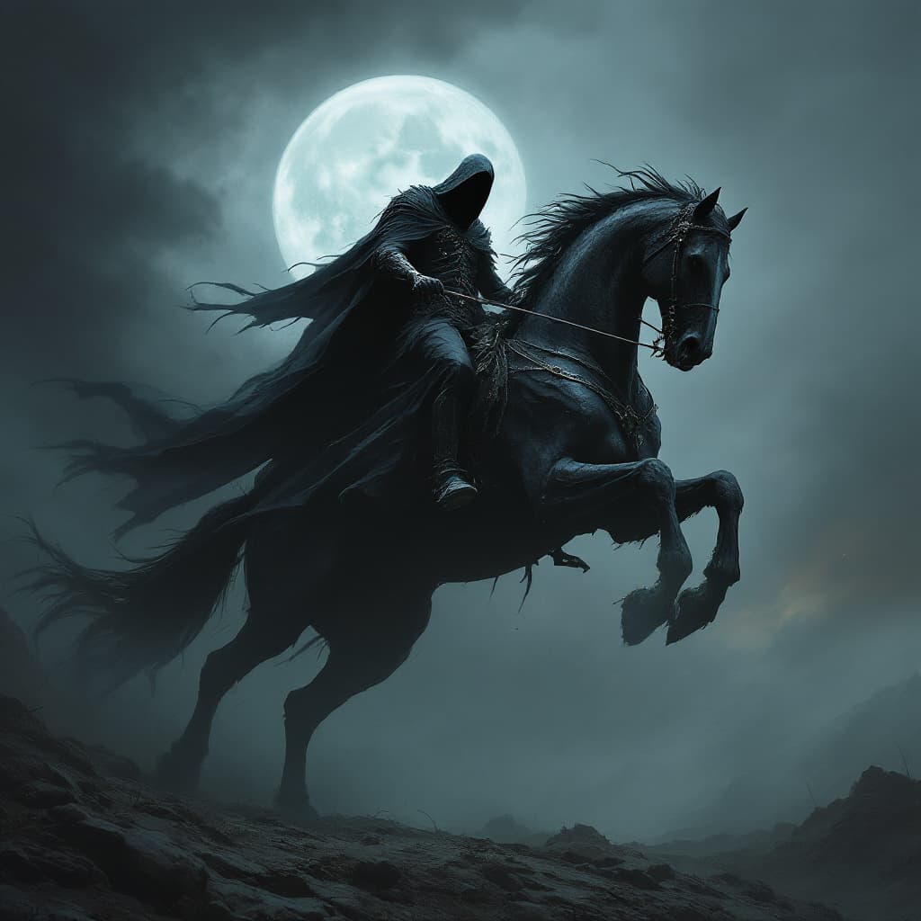 AI generated: dark headless horseman on a colossal black horse