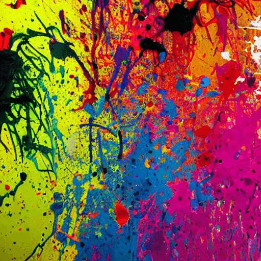 AI generated: chaotic splatters splashes of bright paint form partly-obscured face, runny splattery splashy colore...