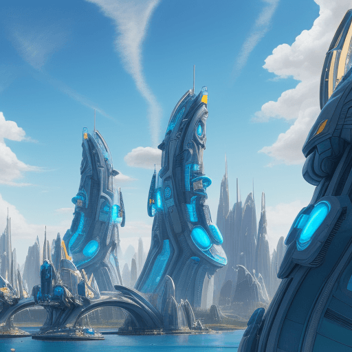 AI generated: futuristic sci-fi high-tech city of Atlantis in late afternoon light, wispy clouds in a blue sky