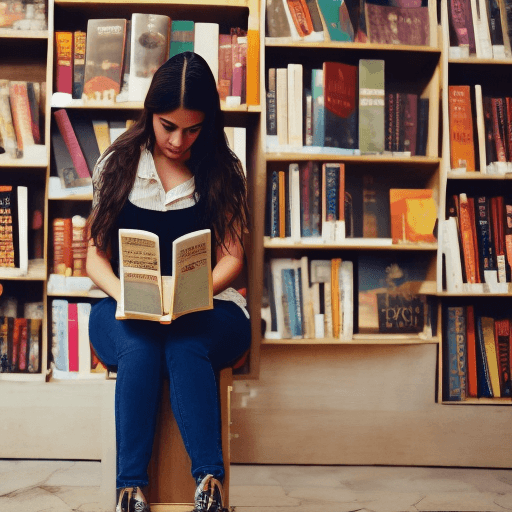 AI generated: Create a 20-something year old Latina woman reading a book in a small bookstore.
