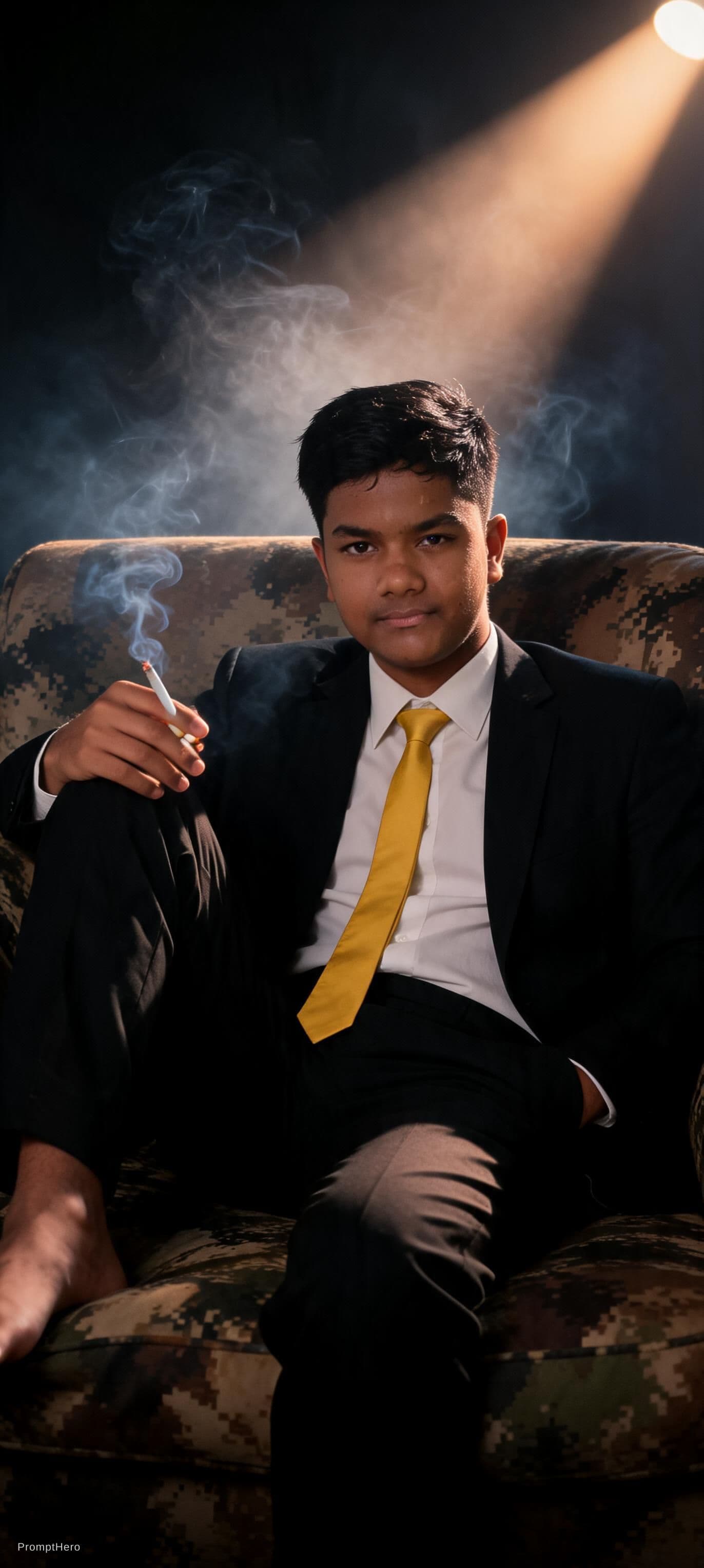 AI generated: photography, cover shoot, dimly lit room with a hazy atmosphere, capturing a professional male model...
