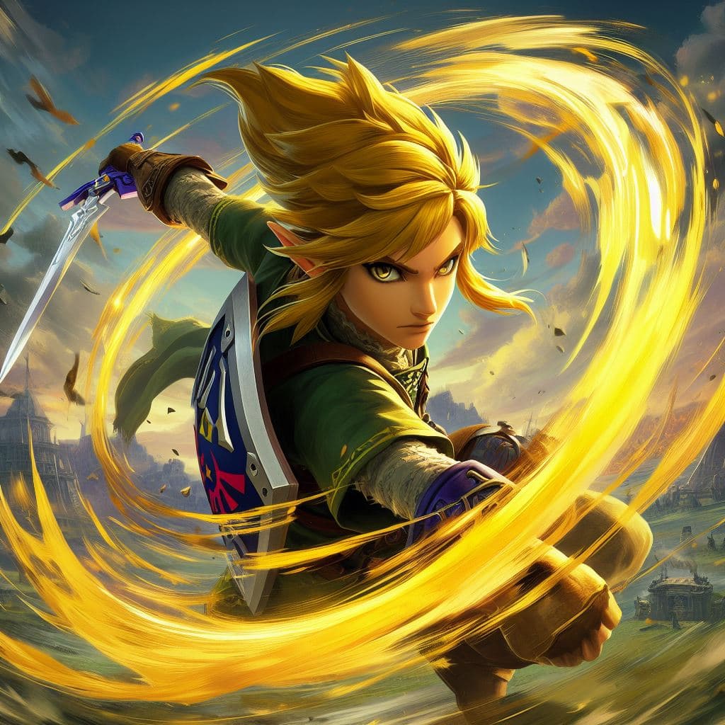 AI generated: an adult Link with shiny yellow hair and yellow aura around him, agressively spinning around in circ...