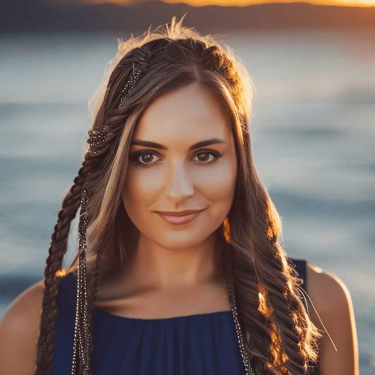 AI generated: Lovely brown eyed woman walking by the sea at sunset. Long elegantly braided hair. Highly detailed p...