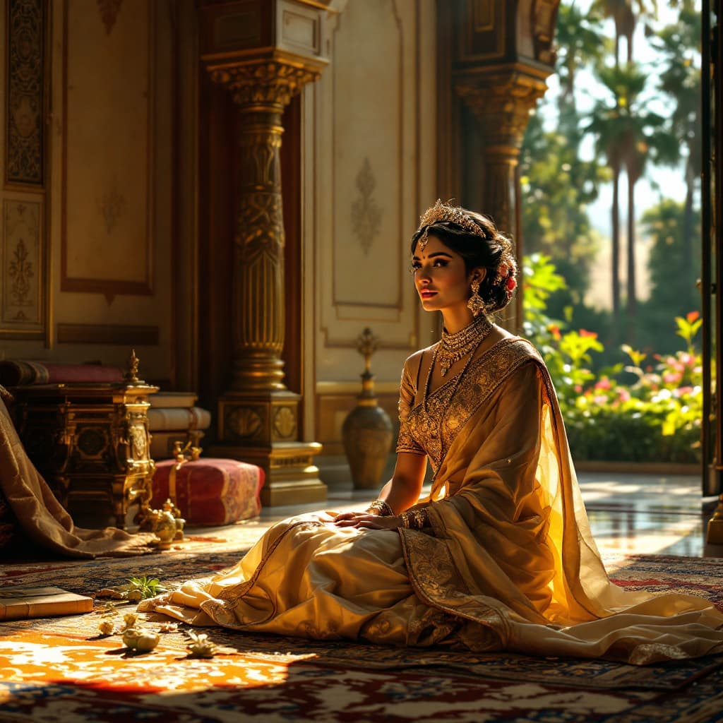 AI generated: The scene takes place in an opulent palace chamber, adorned with intricate Indian architecture and r...